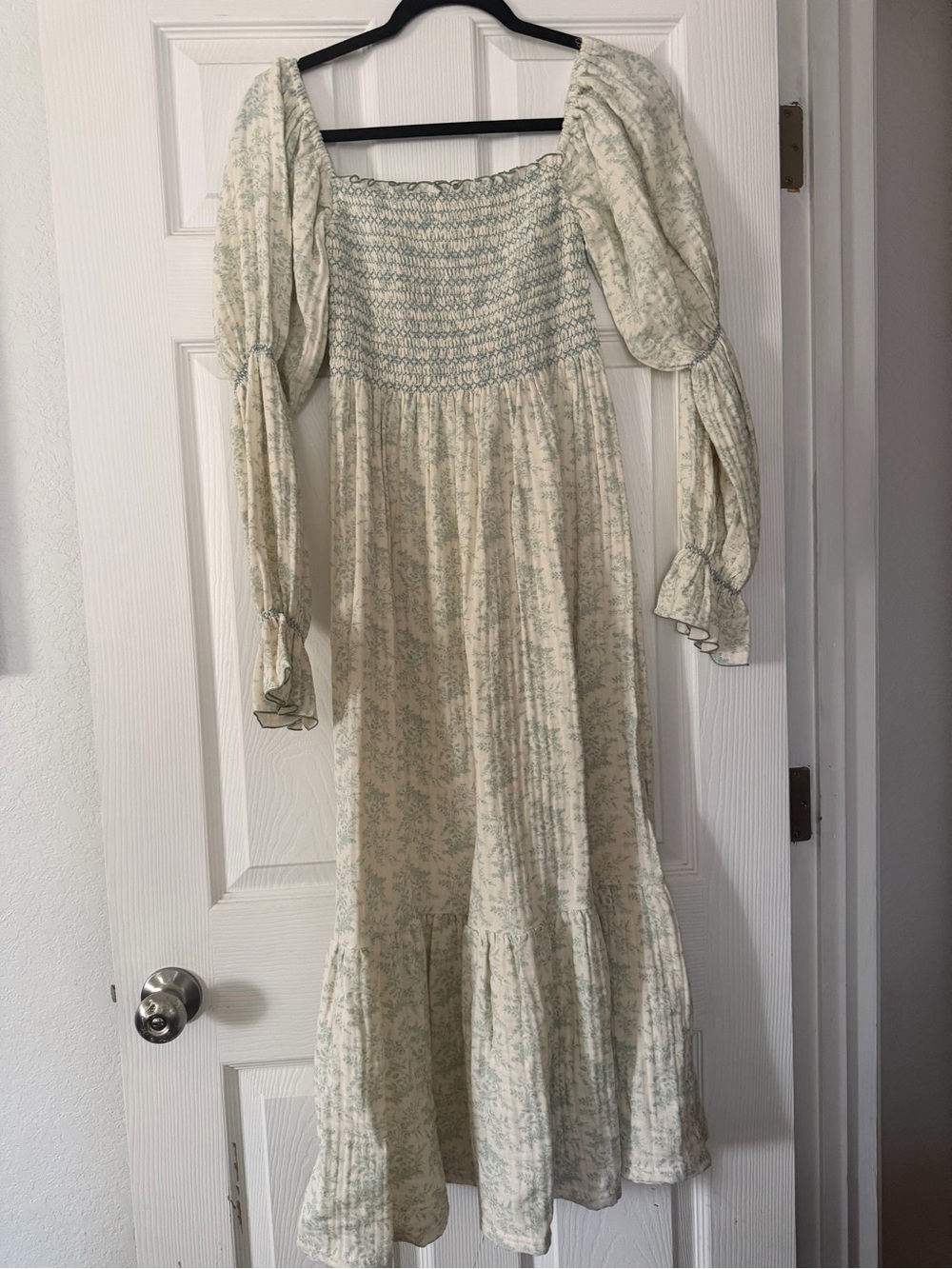 Cream Midi Dress with Mint Floral Print and Smocked Bodice